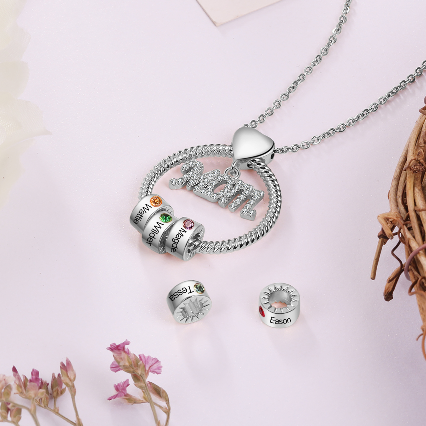 4 Names-Personalized Mom Necklace Set With Premium Rotating Rose Flower Gift Box-Custom Necklace With 4 Birthstones Engraved Names Gift For Mother