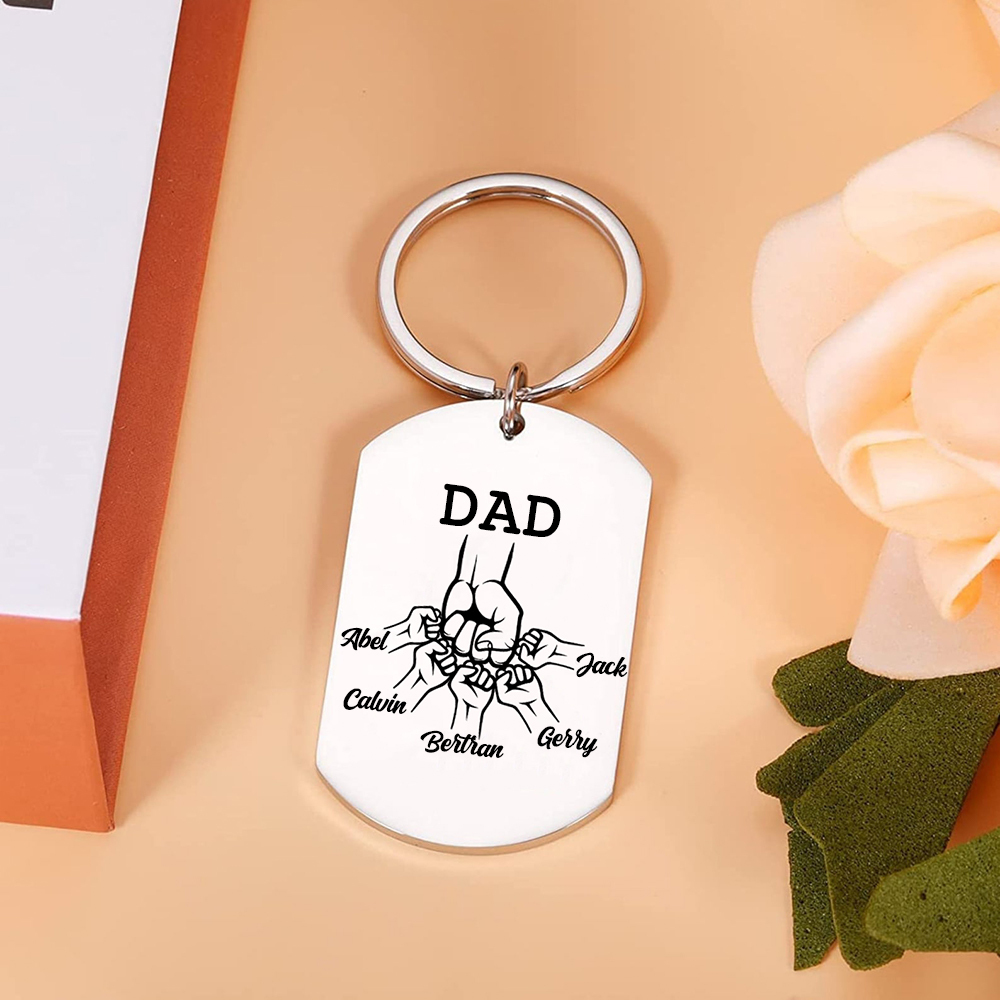 5 Names - Personalized Fist Pendant Keychain Gift Set - Customized Photo Special Gift for Dad