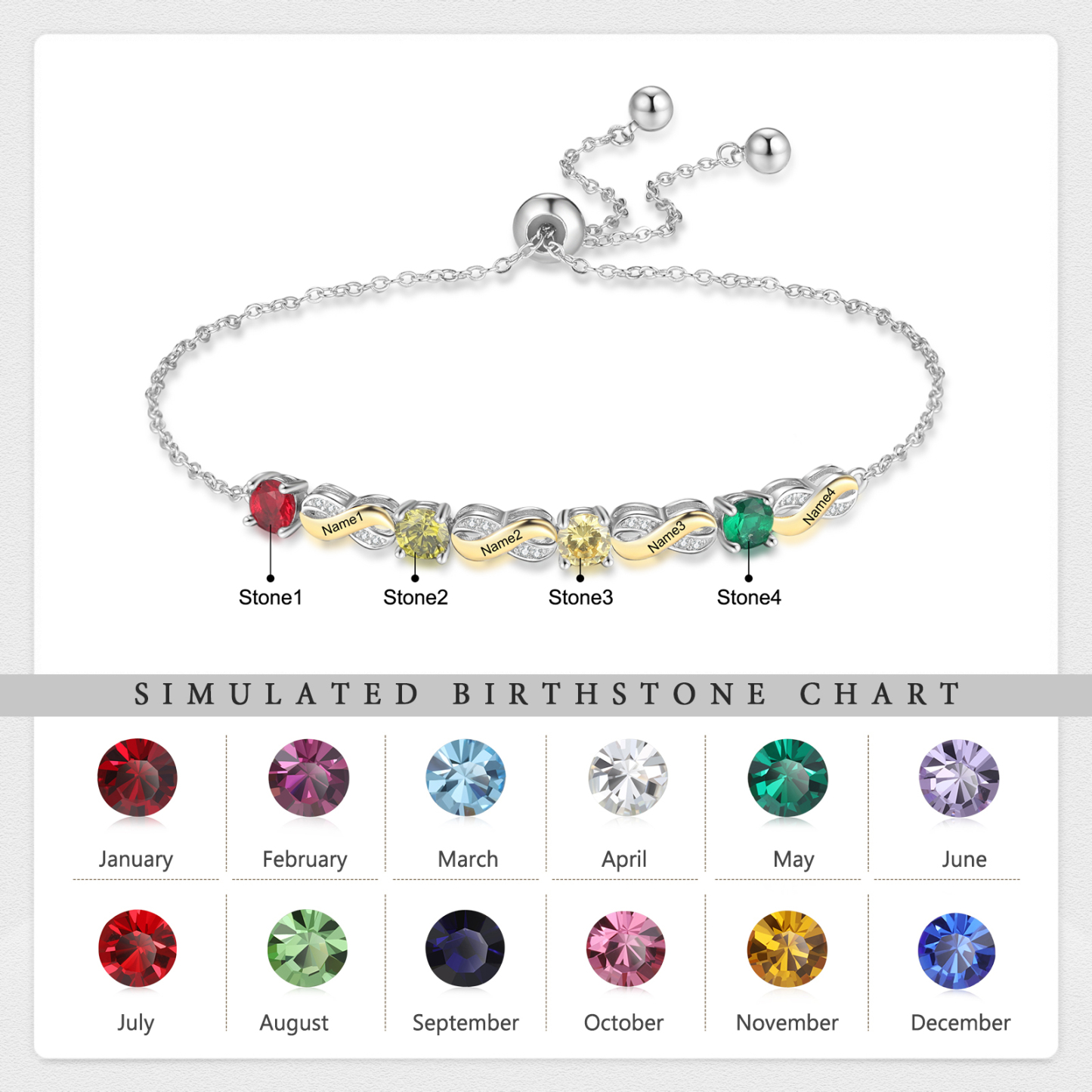 Mother & Family Bracelet with Birthstones Engrave 4 Names Infinity Bracelet Gifts for Her