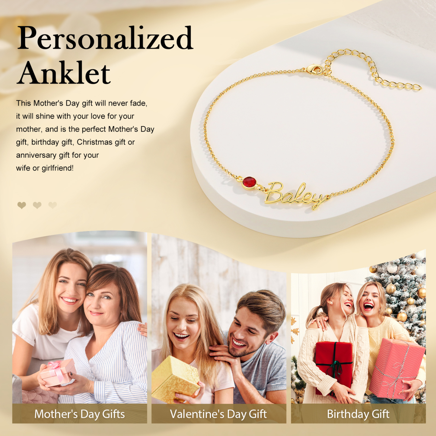 Personalized Name Anklet with Birthstone – Unique Script Name & Birthstone, Personalized Gold Jewelry Gift