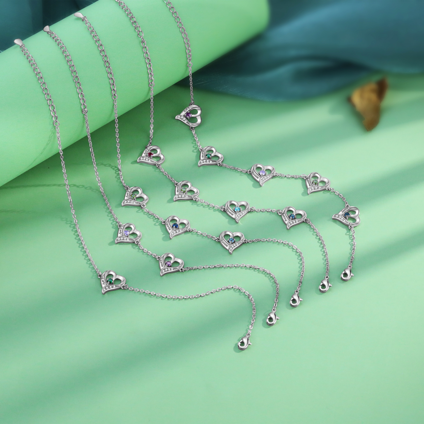5 names & Birthstones - Personalized Heart Anklet – Custom Birthstone & Name, Unique Gift for Her