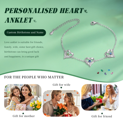 3 names & Birthstones - Personalized Heart Anklet – Custom Birthstone & Name, Unique Gift for Her
