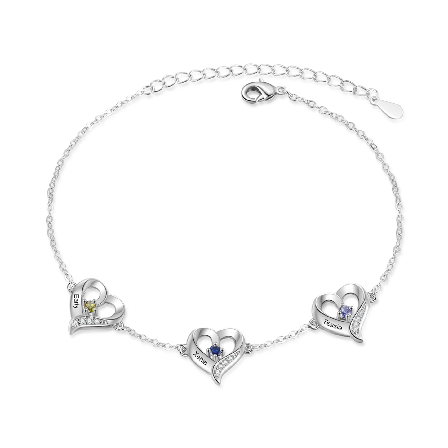 3 names & Birthstones - Personalized Heart Anklet – Custom Birthstone & Name, Unique Gift for Her