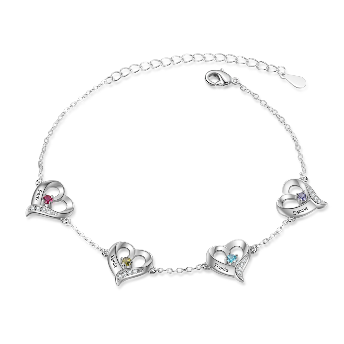 4 names & Birthstones - Personalized Heart Anklet – Custom Birthstone & Name, Unique Gift for Her