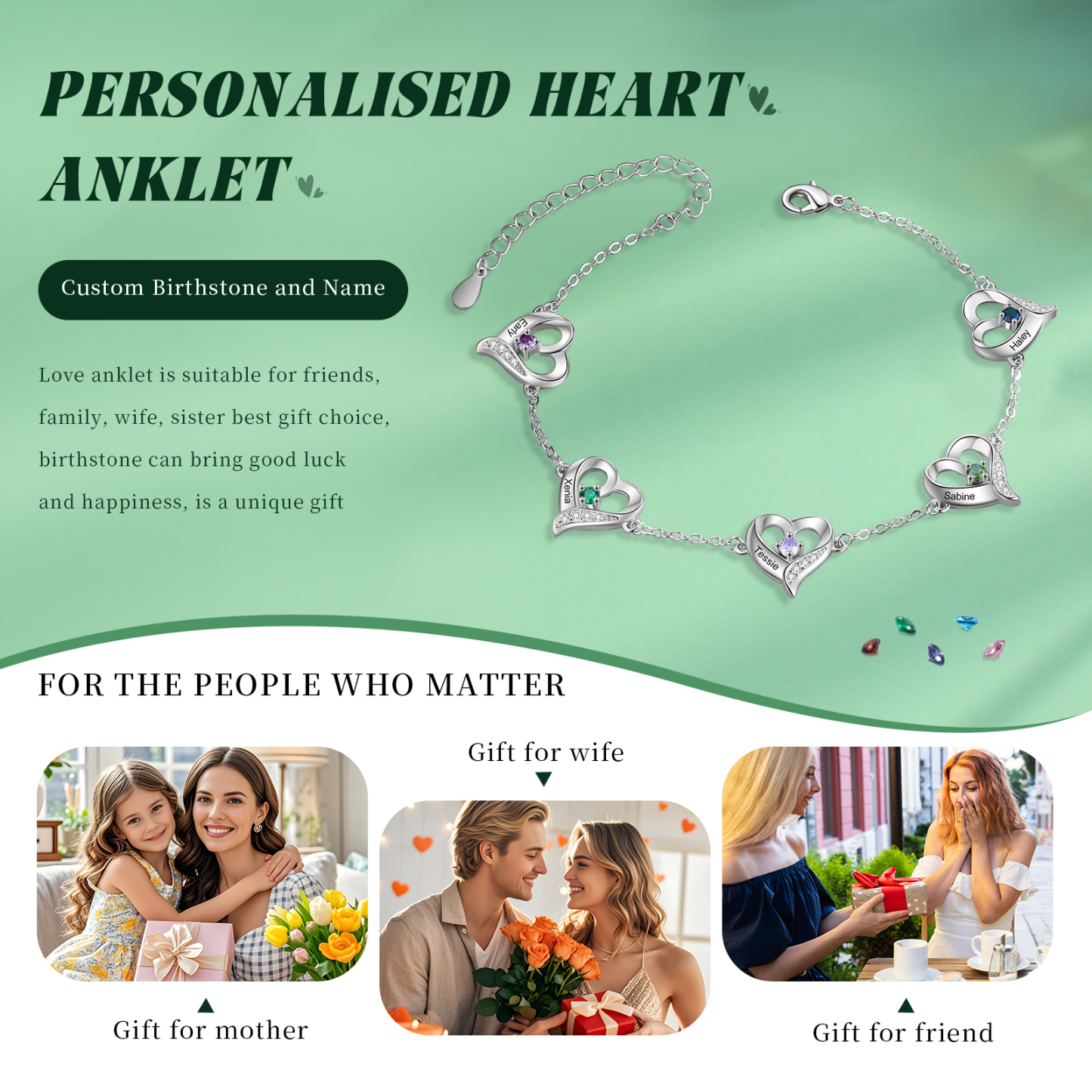 5 names & Birthstones - Personalized Heart Anklet – Custom Birthstone & Name, Unique Gift for Her