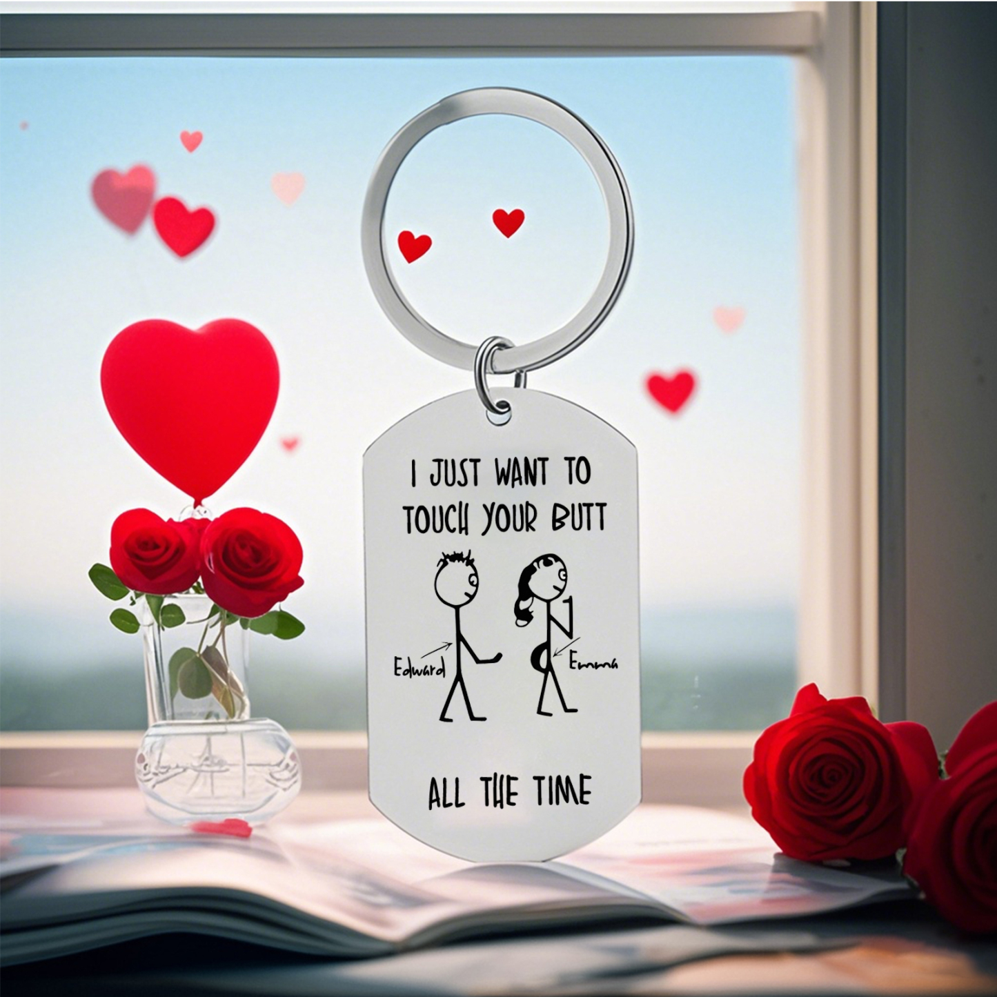 Personalised Keyring with Custom 2 Names - "I Just Want to Touch Your Butt All the Time" Stick Figure Design, Valentine’s Day Gift for Couple | Jessemade