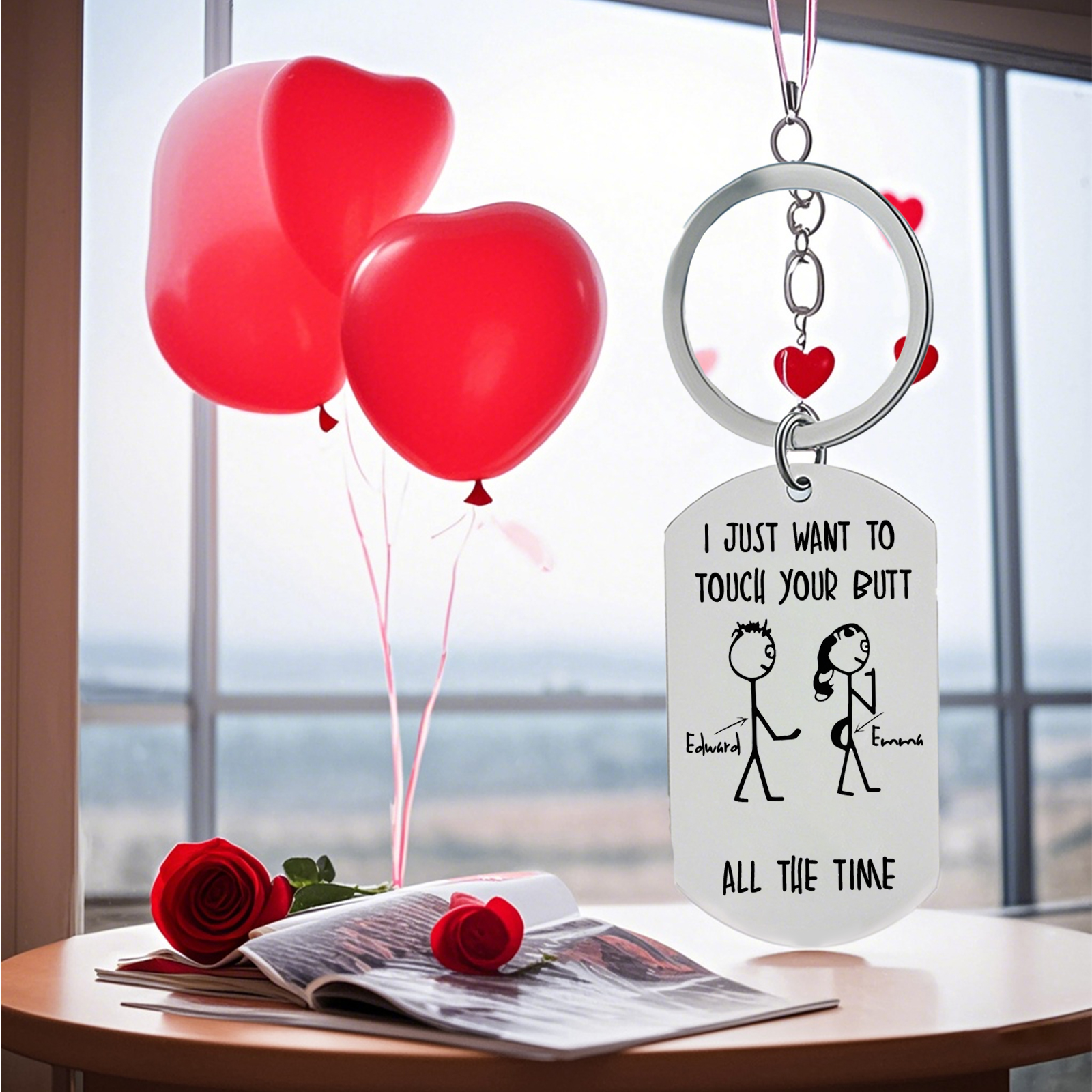 Personalised Keyring with Custom 2 Names - "I Just Want to Touch Your Butt All the Time" Stick Figure Design, Valentine’s Day Gift for Couple | Jessemade