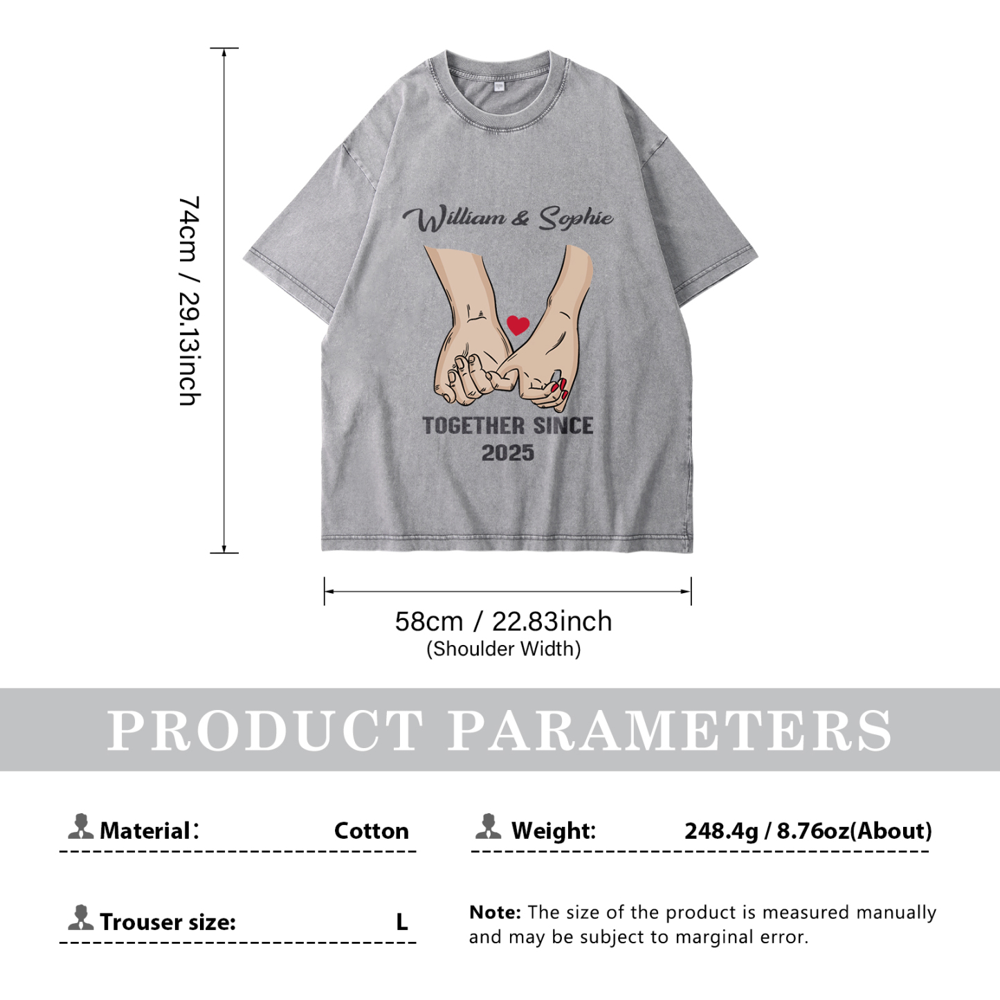 Personalised Couple T-Shirt – with Custom 2 Names and 1 Date, Hand-in-Hand Graphic – "TOGETHER SINCE" | Valentine’s Day Gift for Him/Her | Jessemade