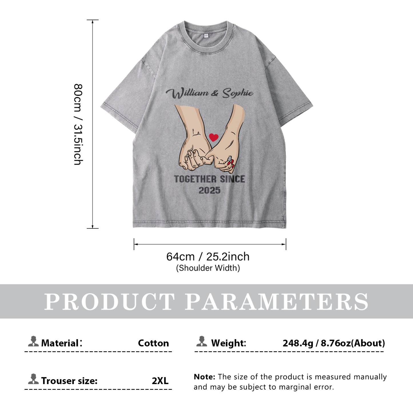 Personalised Couple T-Shirt – with Custom 2 Names and 1 Date, Hand-in-Hand Graphic – "TOGETHER SINCE" | Valentine’s Day Gift for Him/Her | Jessemade