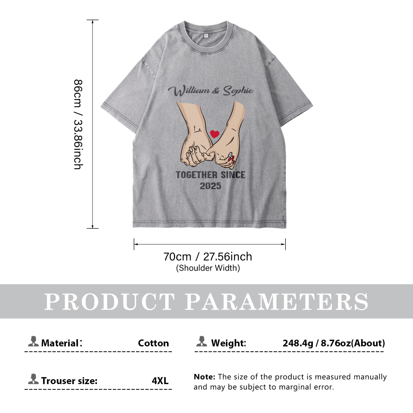 Personalised Couple T-Shirt – with Custom 2 Names and 1 Date, Hand-in-Hand Graphic – "TOGETHER SINCE" | Valentine’s Day Gift for Him/Her | Jessemade