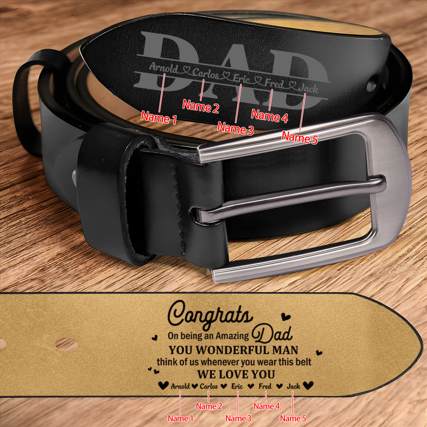 5 names - Personalized Cowhide Leather Belt for Dad “Congrats on Being an Amazing Dad” – with Name & Emotional Engraving