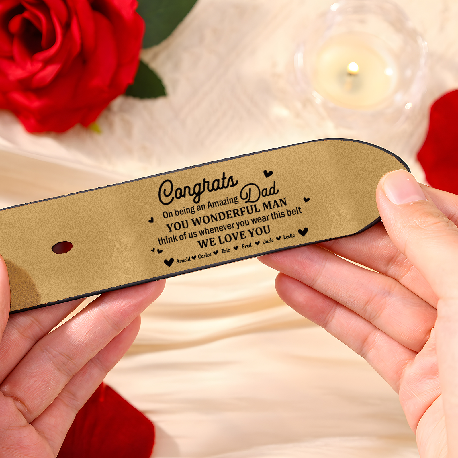 6 names - Personalized Cowhide Leather Belt for Dad “Congrats on Being an Amazing Dad” – with Name & Emotional Engraving