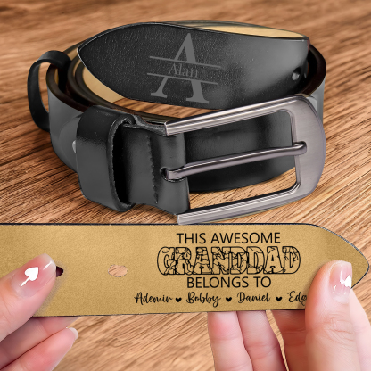5 names - Personalized Father’s Day Belt – Custom Engraved Cowhide Leather Belt for Granddad - Hidden Message & Name