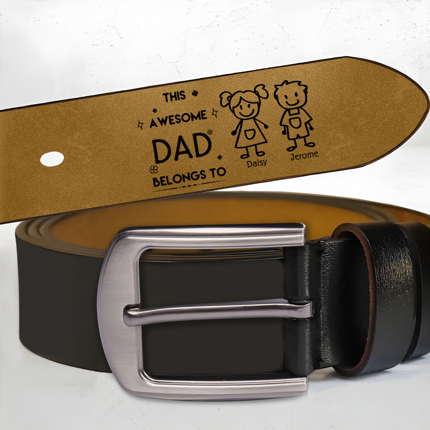 2 names - Personalized Leather Father’s Day Belt – Custom Name , Character Inside - Handmade Gift for Dad