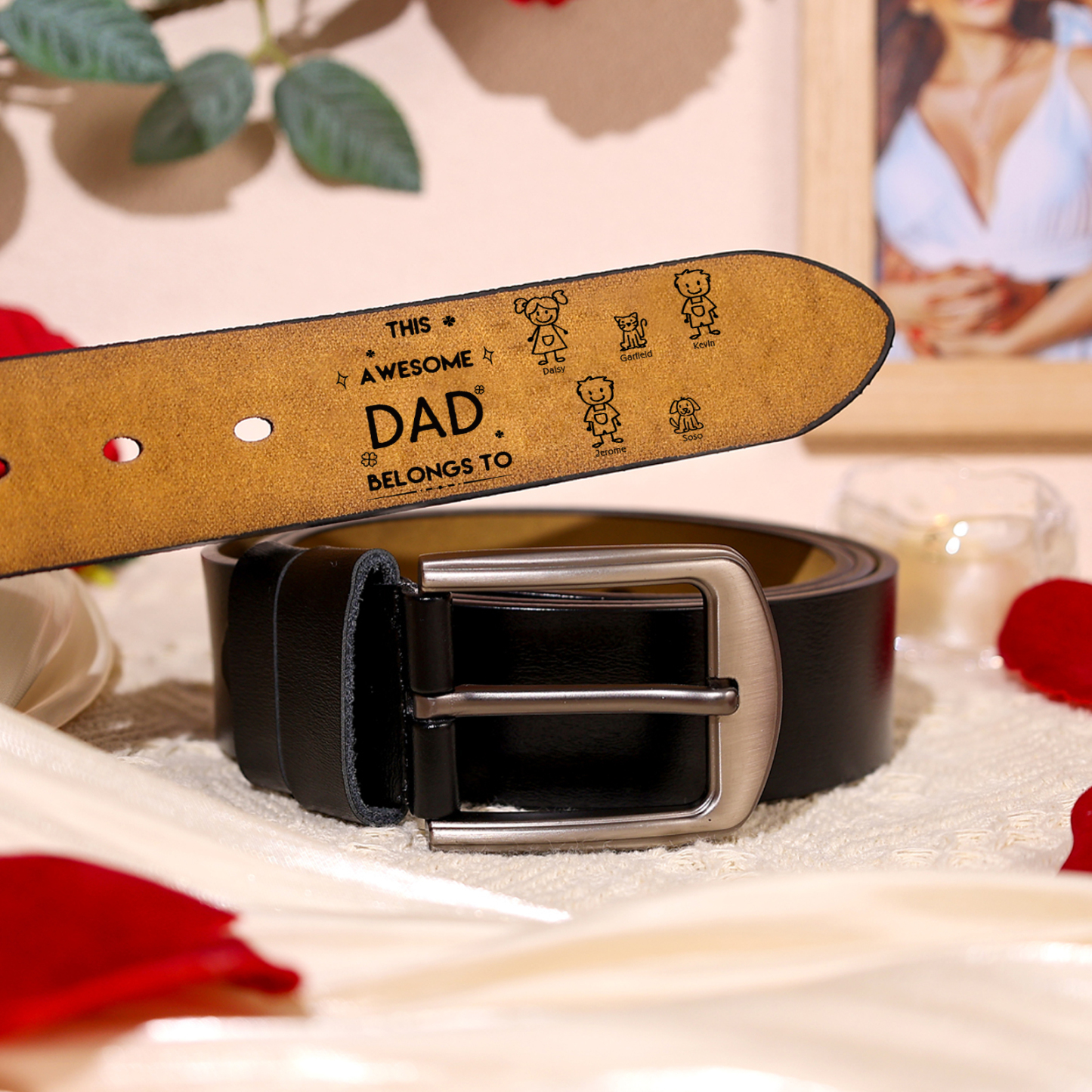 4 names - Personalized Leather Father’s Day Belt – Custom Name , Character Inside - Handmade Gift for Dad
