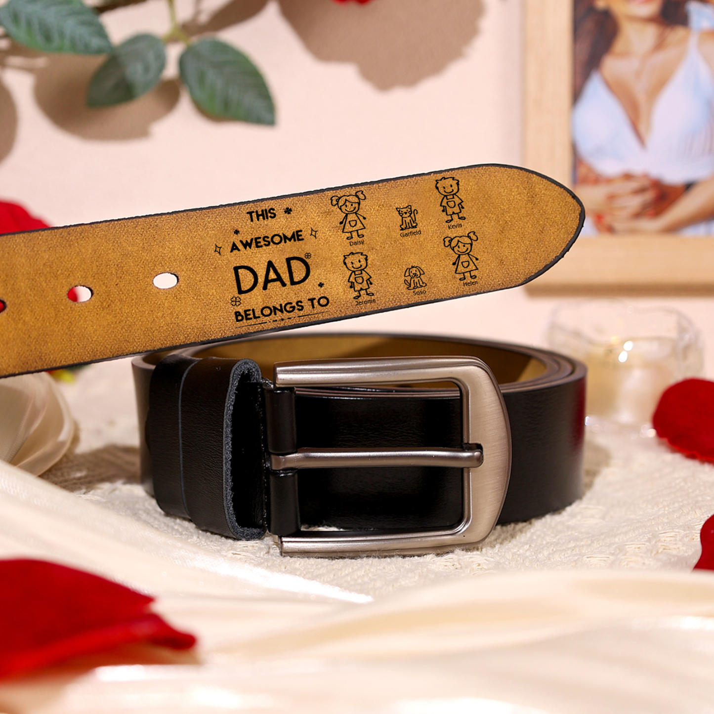 6 names - Personalized Leather Father’s Day Belt – Custom Name , Character Inside - Handmade Gift for Dad