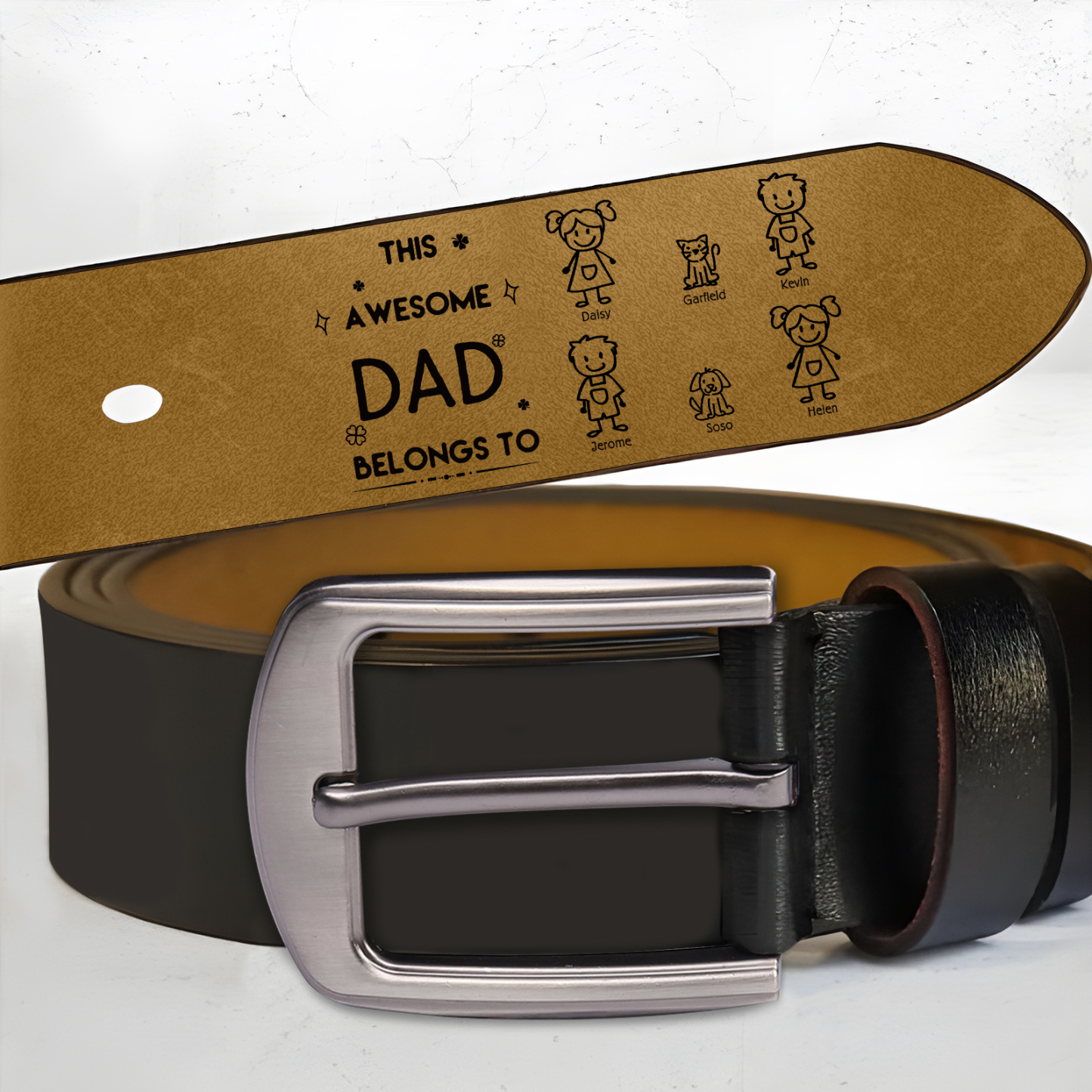 6 names - Personalized Leather Father’s Day Belt – Custom Name , Character Inside - Handmade Gift for Dad