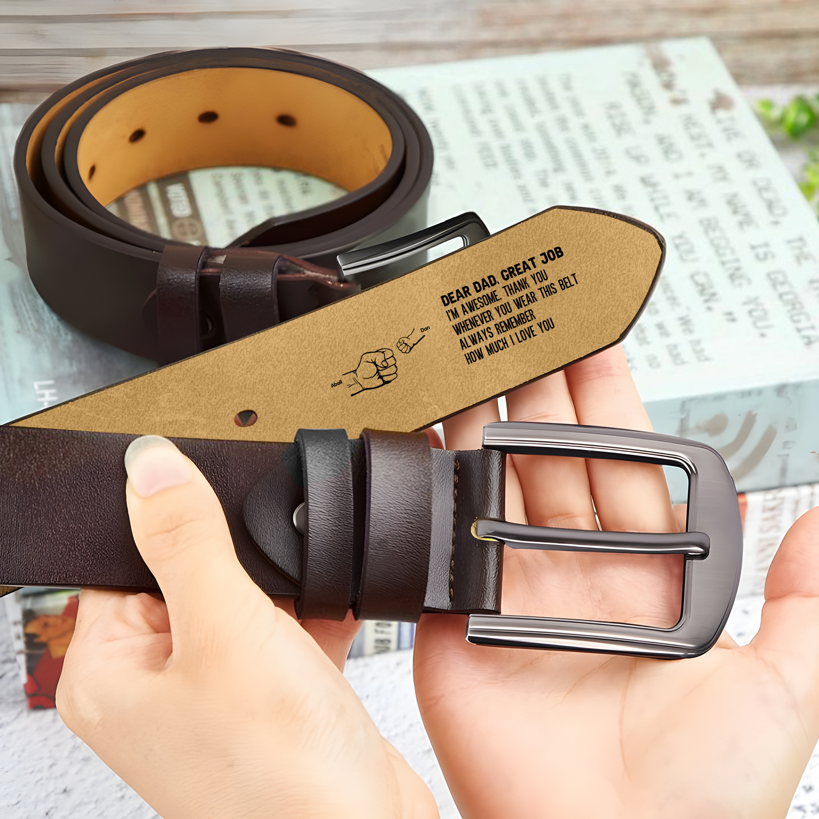 3 names - Personalized Father’s Day Belt "DEAR DAD GREAT JOB" – Custom Engraved Cowhide Leather Belt for Dad - Hidden Message & Name