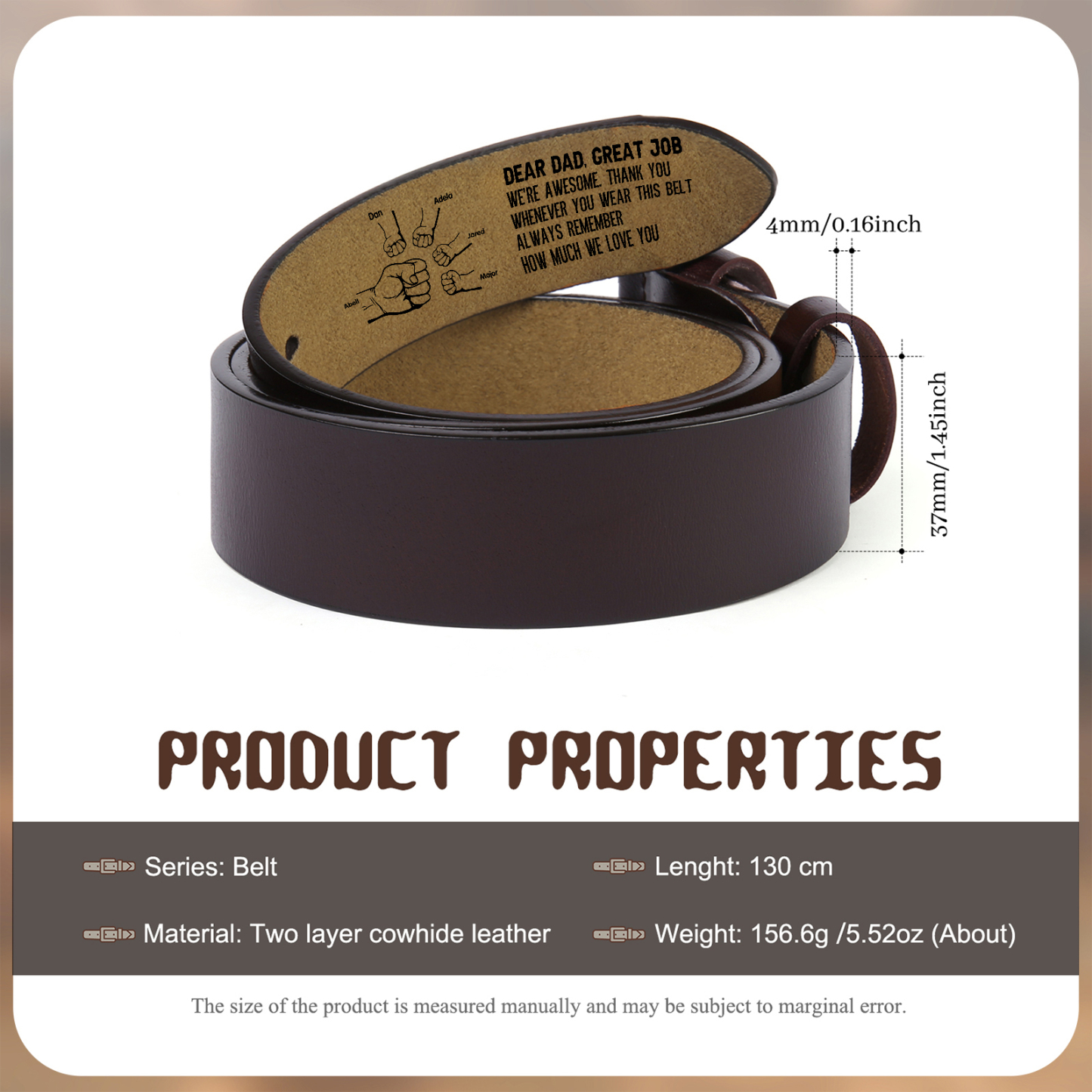 6 names - Personalized Father’s Day Belt "DEAR DAD GREAT JOB" – Custom Engraved Cowhide Leather Belt for Dad - Hidden Message & Name