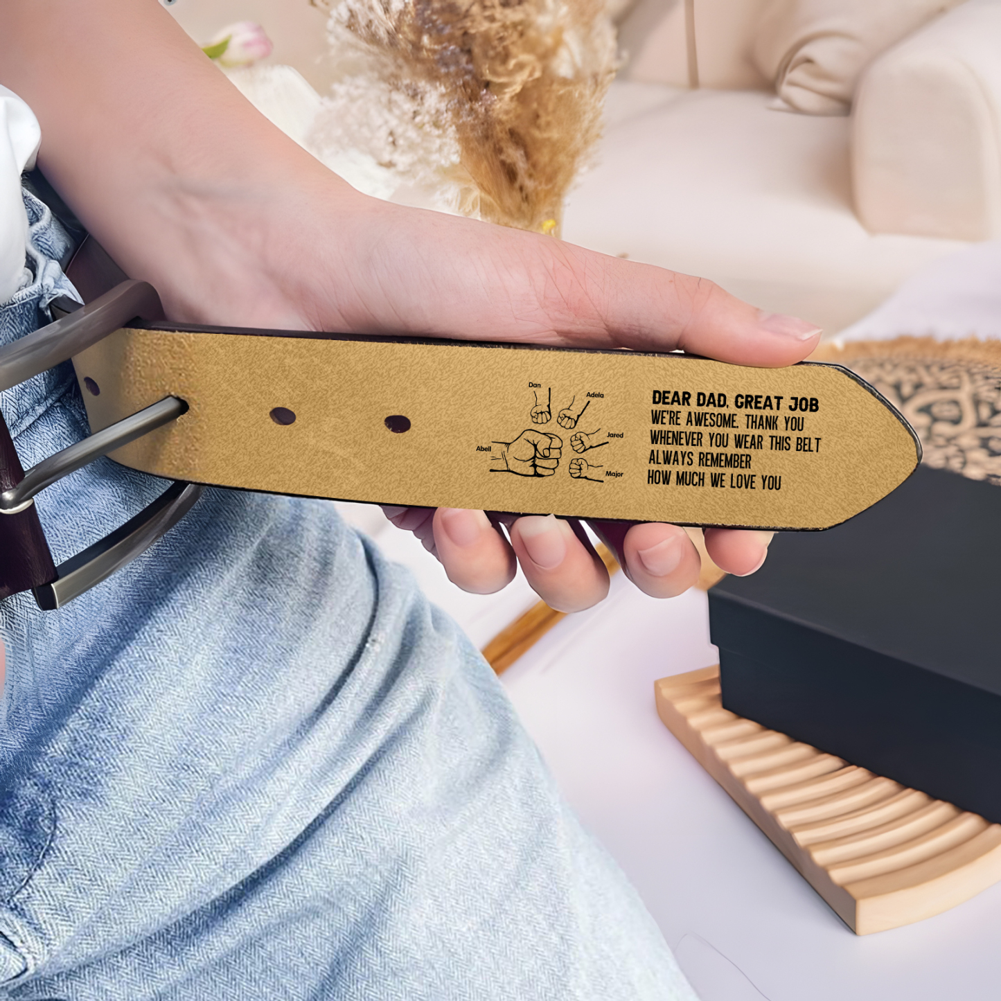 6 names - Personalized Father’s Day Belt "DEAR DAD GREAT JOB" – Custom Engraved Cowhide Leather Belt for Dad - Hidden Message & Name
