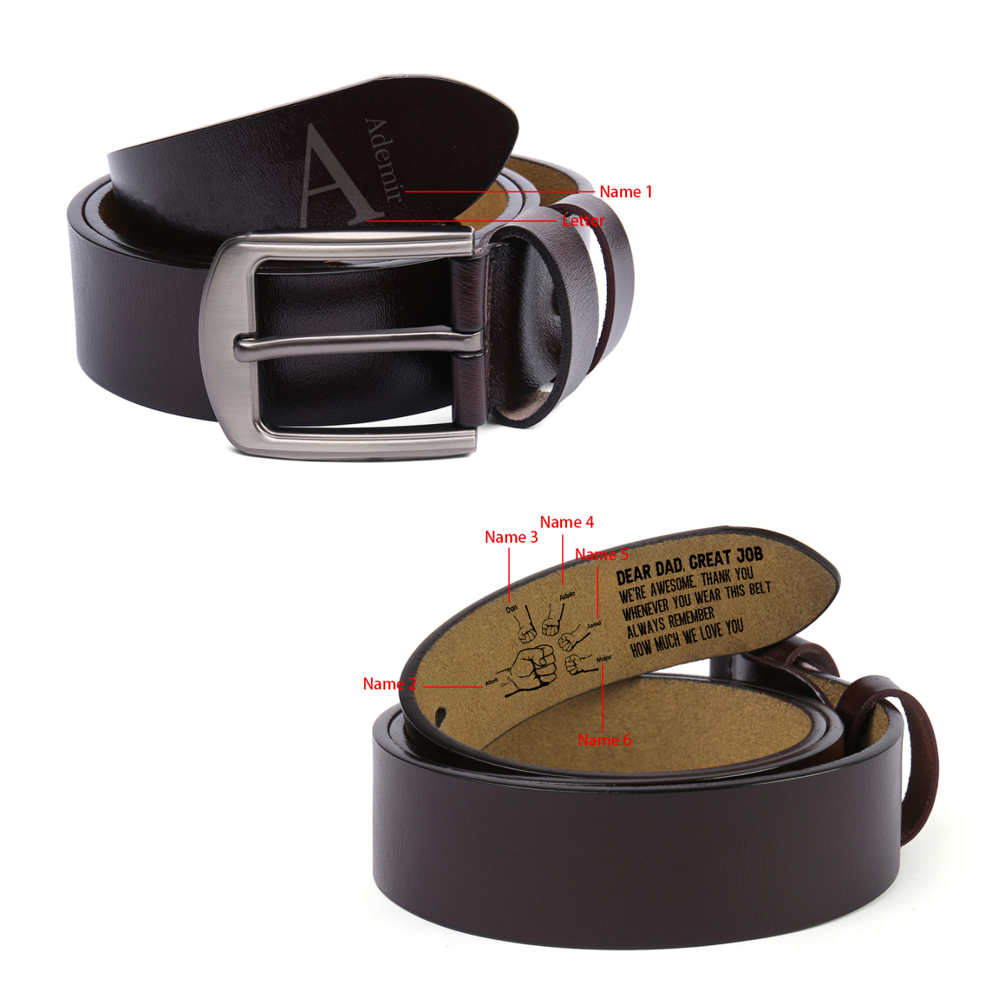 6 names - Personalized Father’s Day Belt "DEAR DAD GREAT JOB" – Custom Engraved Cowhide Leather Belt for Dad - Hidden Message & Name