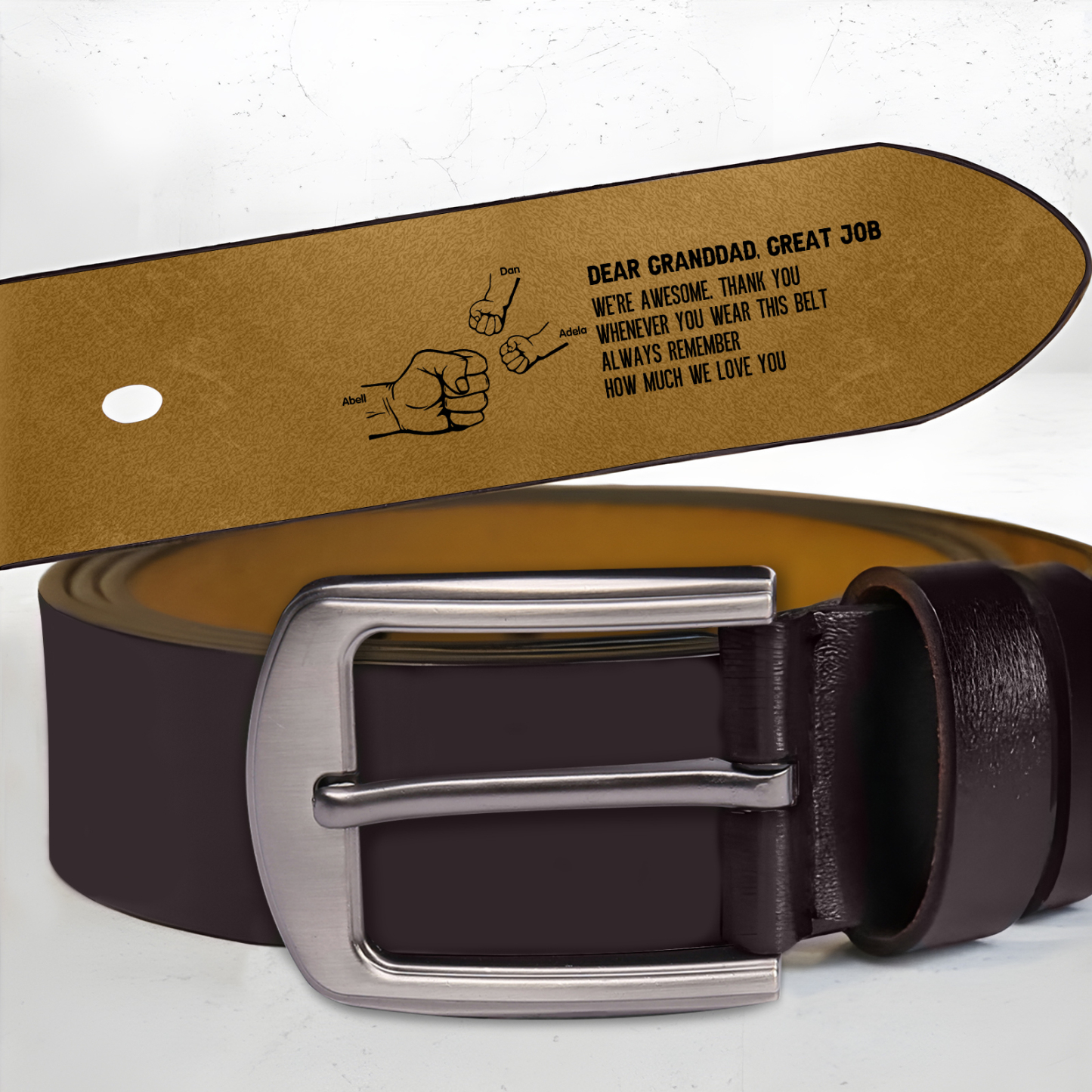 4 names - Personalized Father’s Day Belt "DEAR GRANDDAD GREAT JOB" – Custom Engraved Cowhide Leather Belt for Dad - Hidden Message & Name