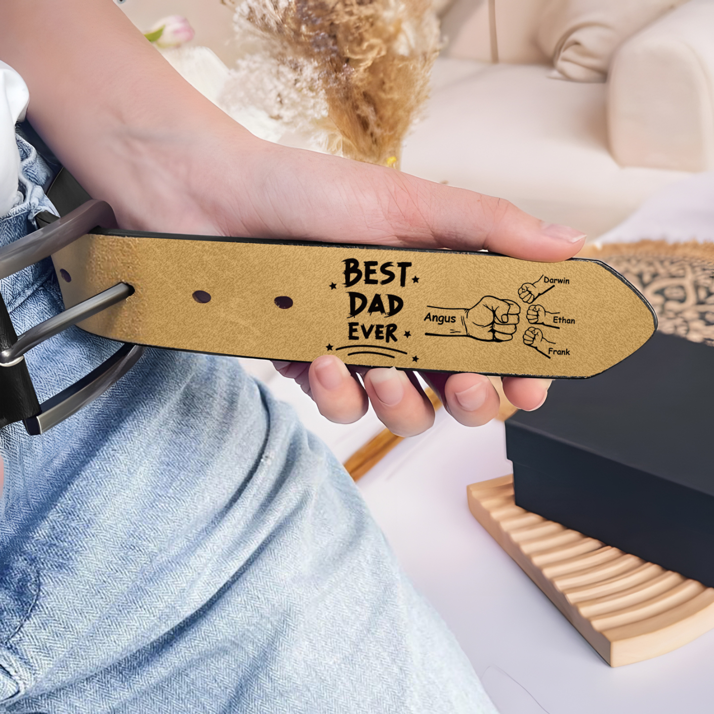 4 names - Personalized Leather Belt for Father’s Day - Premium with Hidden Engraving