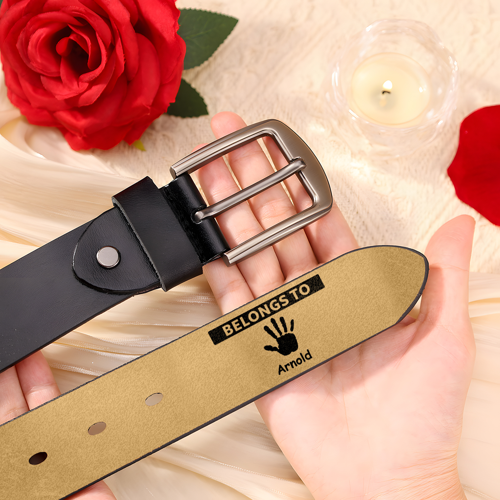 1 name & 2 texts - Personalized Leather Belt for Dad with symbolic handprints  – Hidden Message & Name - Father's Day