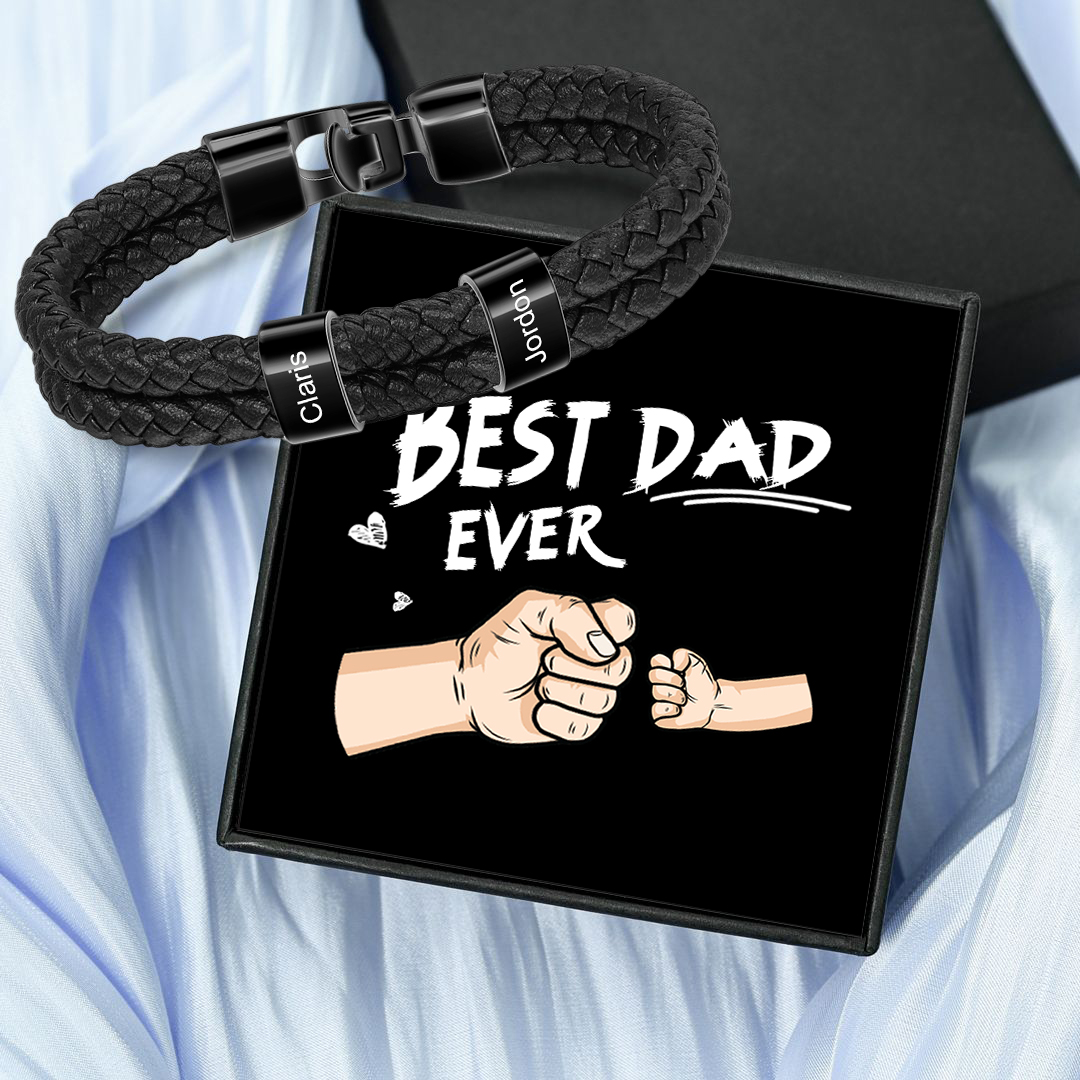 Personalized Braided Leather Bracelet Engraved 2 Names Men's Bracelet for Dad