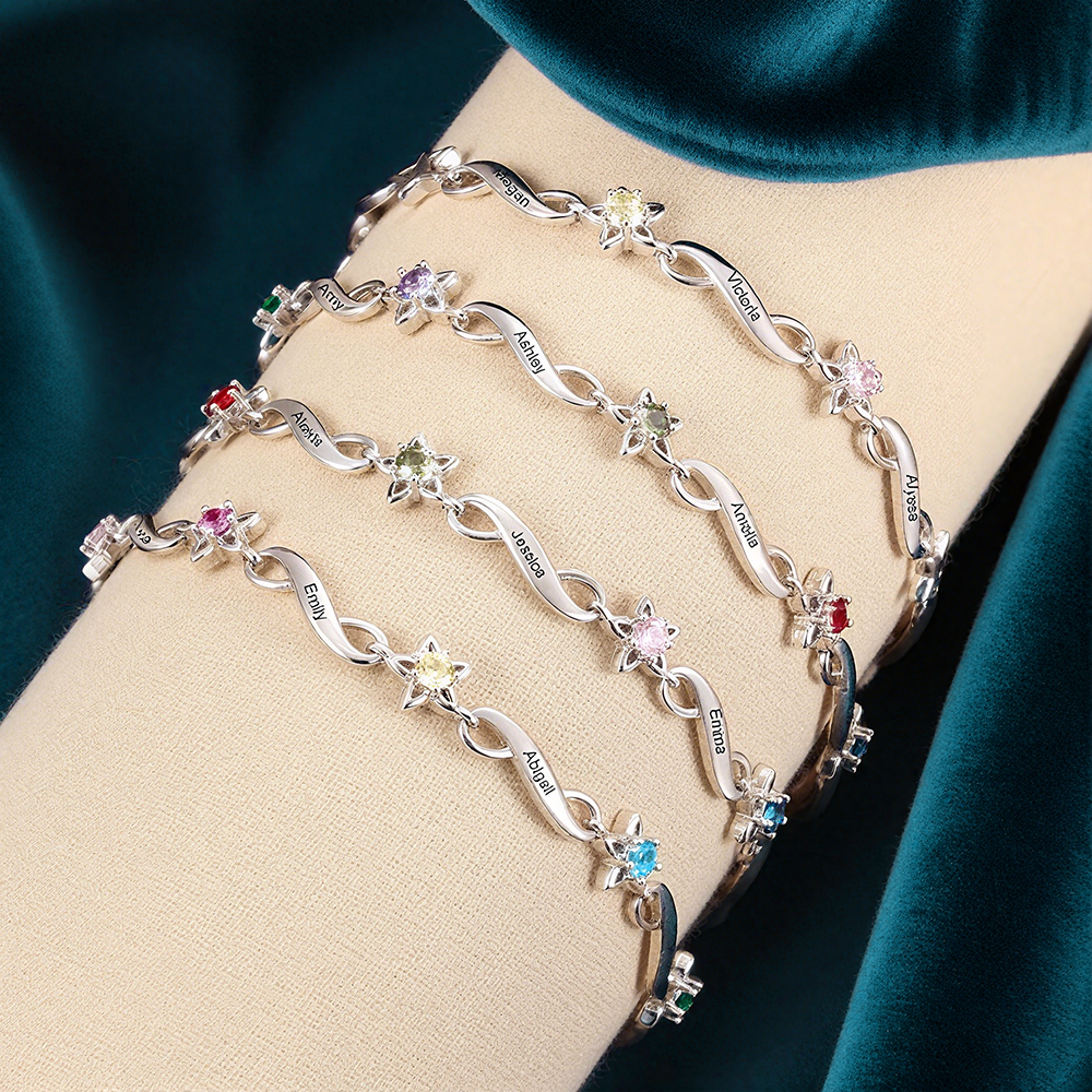 Personalized Star Bracelet With 2 Birthstones Engraved Names Bracelet Gift For Women