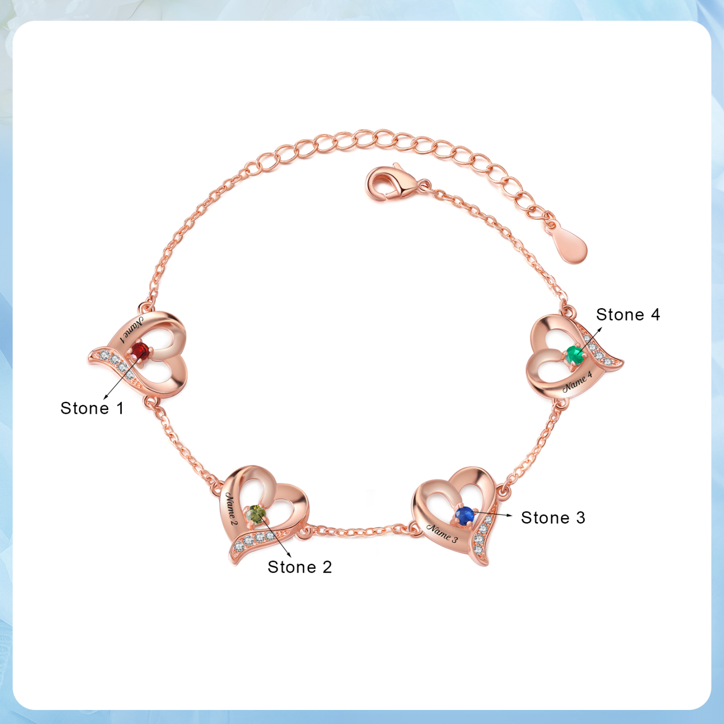 4 Names-Personalized Heart Bracelet With 4 Birthstones Engraved Names Bangle For Her