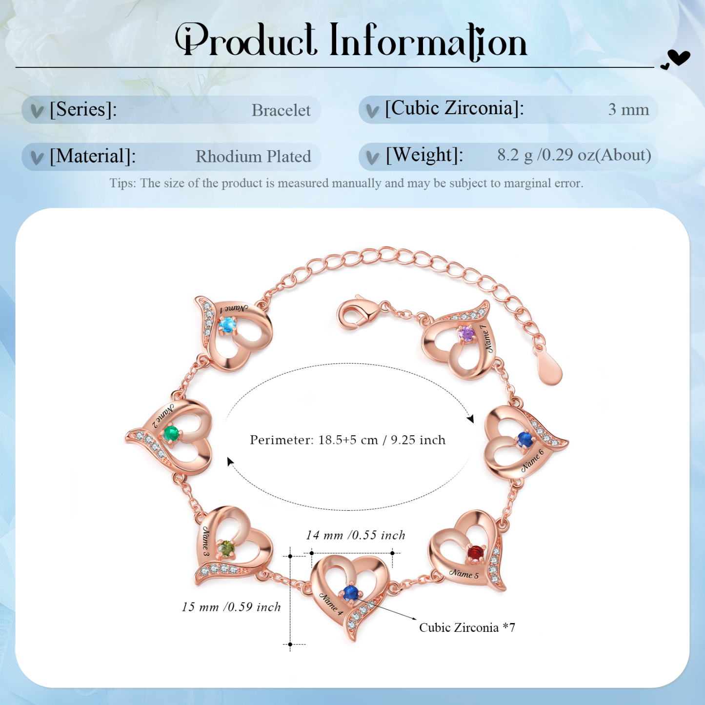 7 Names-Personalized Heart Bracelet With 7 Birthstones Engraved Names Bangle For Her