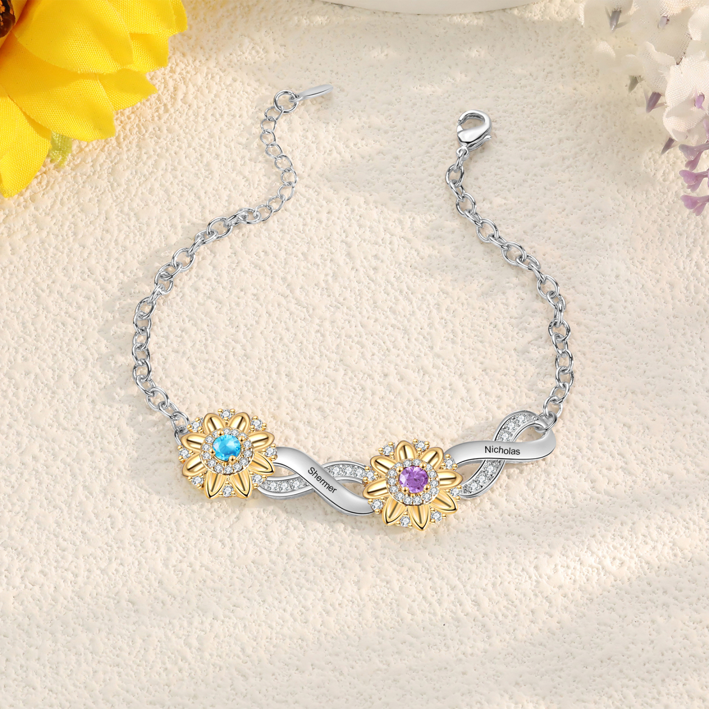 2 Names - Personalized Women's Bracelet Custom 2 Names and 2 Birthstones Sunflower Bracelet for Her