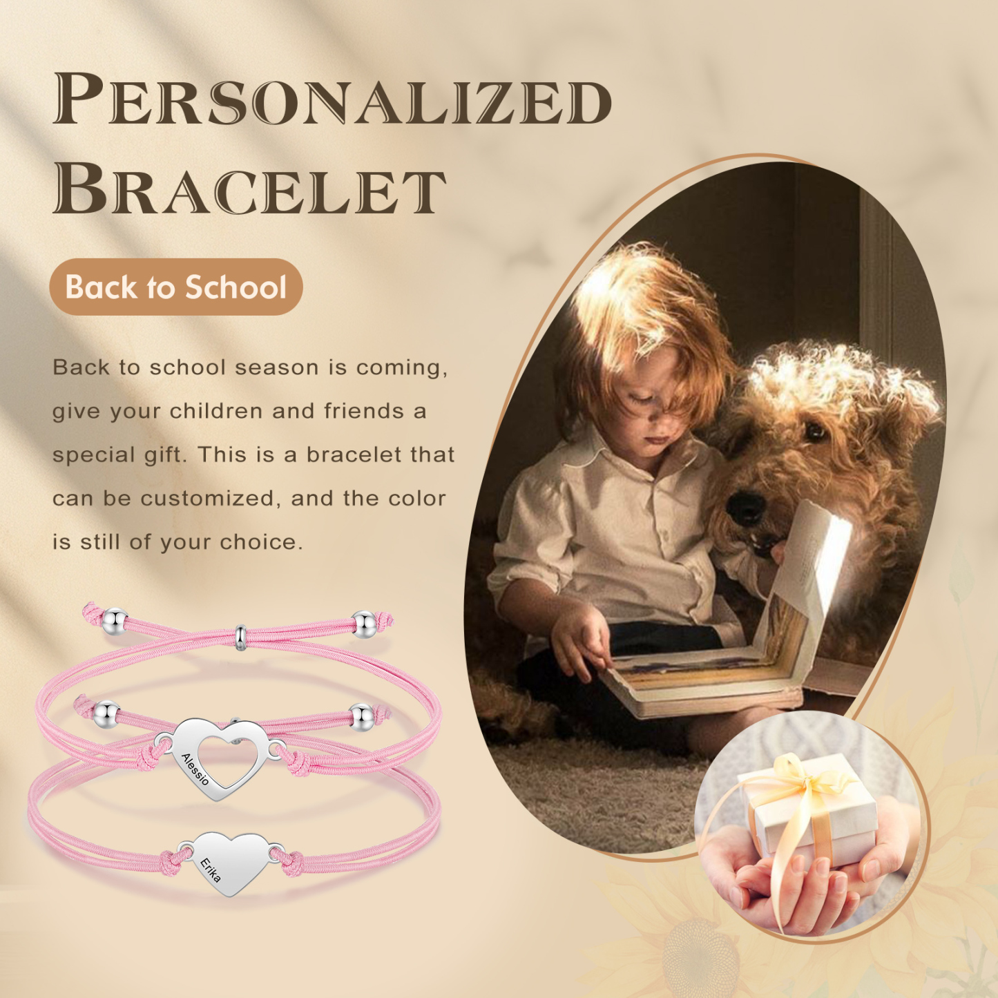 2-PCS Personalized 2 Names Elastic Cord Heart Bracelet, Back To School Gift For Daughter