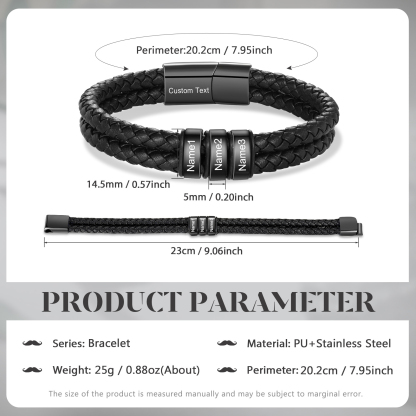 3 names - Father’s Day Custom Leather Bracelet – Personalized Name Beads & Message, Gift for Dad | Jessemade