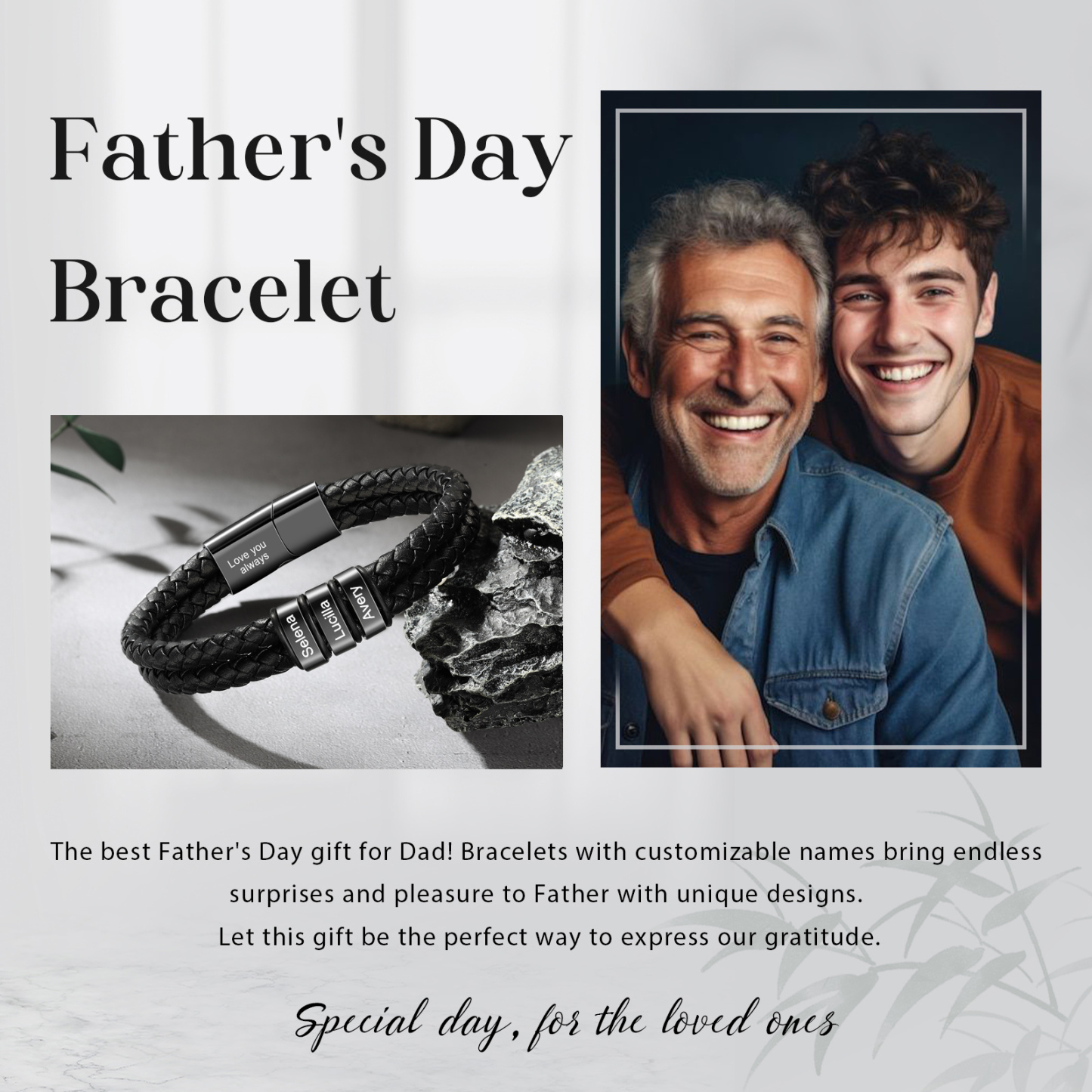 3 names - Father’s Day Custom Leather Bracelet – Personalized Name Beads & Message, Gift for Dad | Jessemade