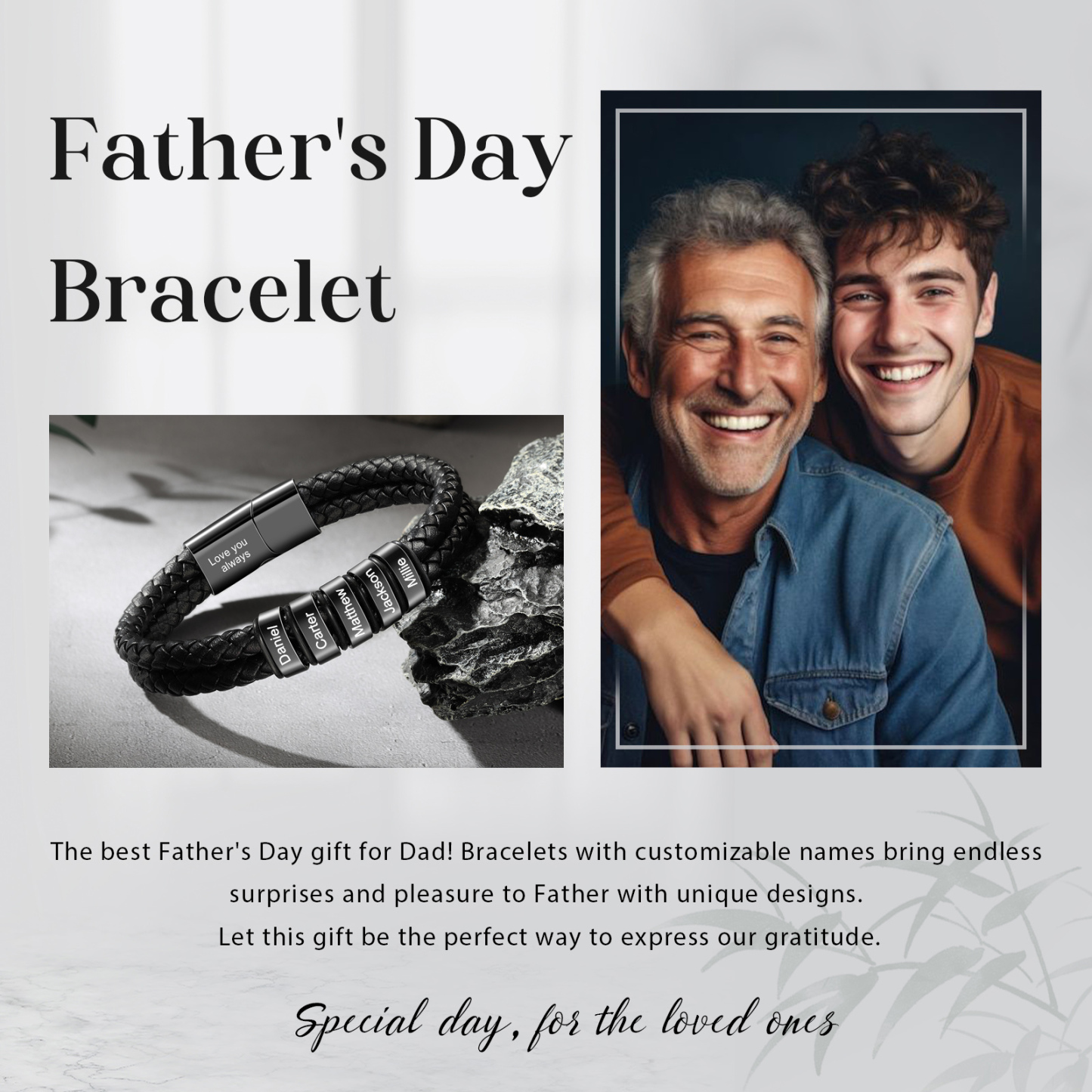 5 names - Father’s Day Custom Leather Bracelet – Personalized Name Beads & Message, Gift for Dad | Jessemade