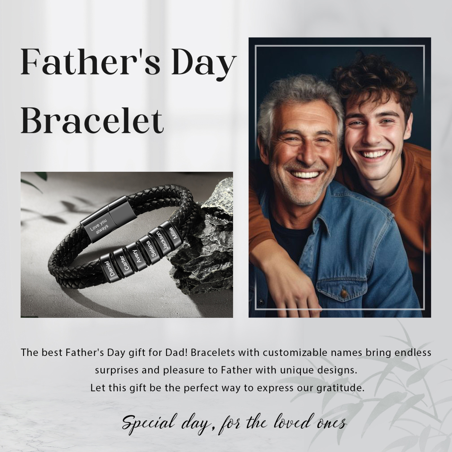 6 names - Father’s Day Custom Leather Bracelet – Personalized Name Beads & Message, Gift for Dad | Jessemade