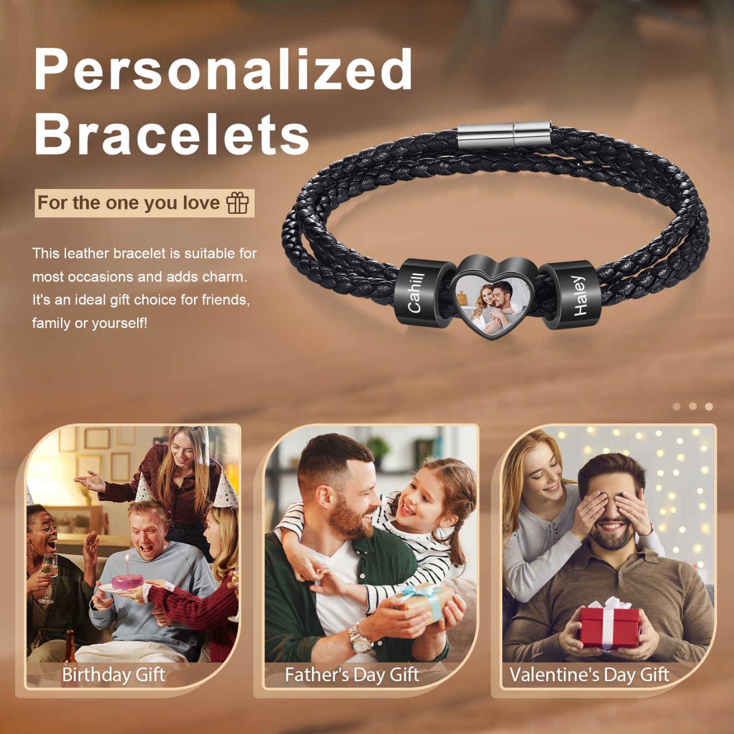 Personalised Leather Bracelet with Custom 2 Names and 1 Photo Men's Bracelet for Him | Jessmade
