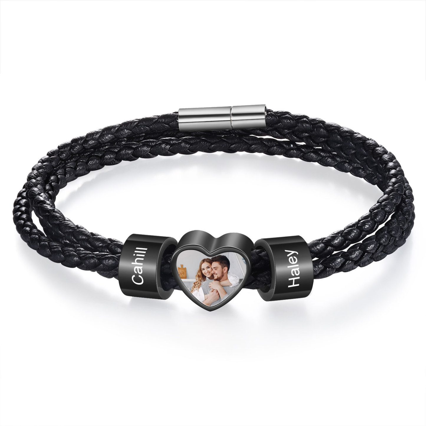Personalised Leather Bracelet with Custom 2 Names and 1 Photo Men's Bracelet for Him | Jessmade