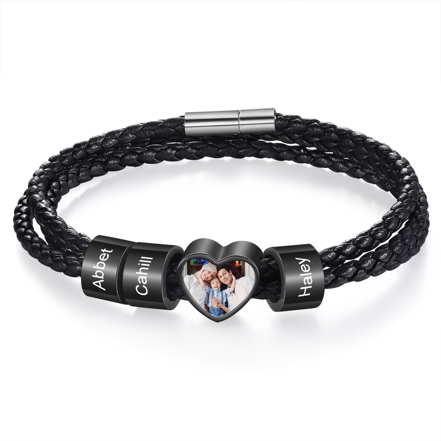 Personalised Leather Bracelet with Custom 3 Names and 1 Photo Men's Bracelet for Him | Jessmade