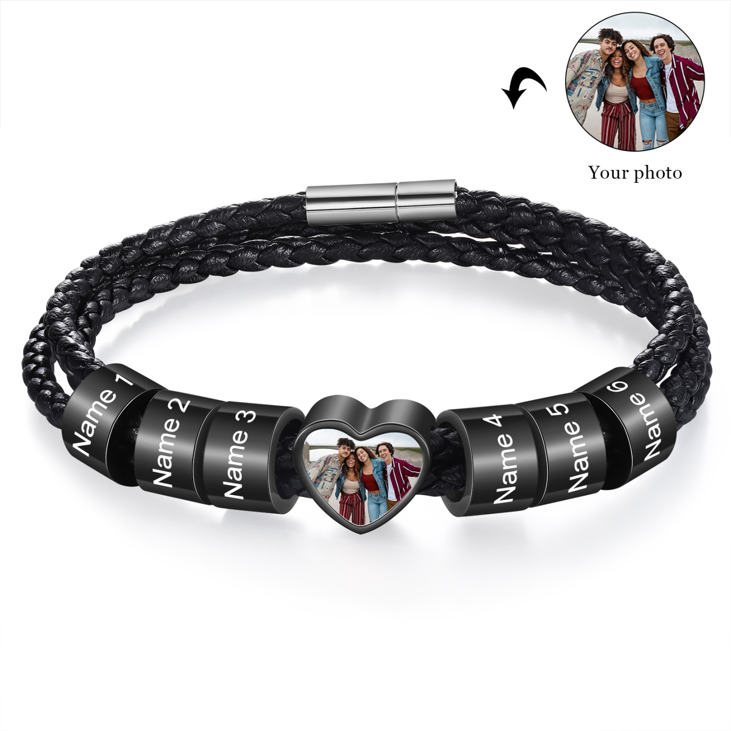 Personalised Leather Bracelet with Custom 6 Names and 1 Photo Men's Bracelet for Him | Jessmade