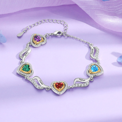 Personalised Heart Birthstone Bracelet with Custom 4 Names & 4 Birthstones Christmas Gift for Her | Jessemade