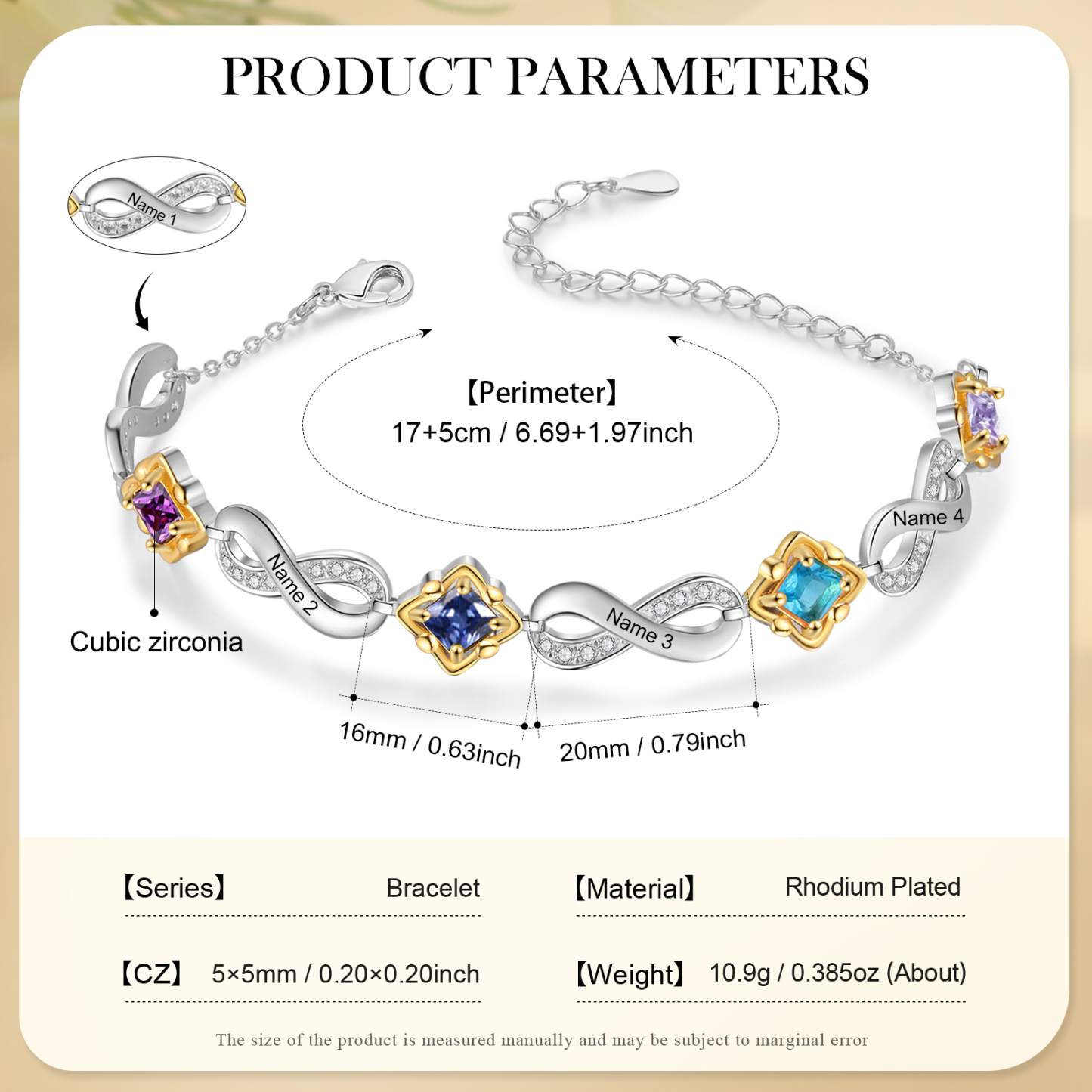 Personalised Birthstone Bracelet with Custom 4 Names & 4 Birthstones Christmas Jewelry Gift for Her | Jessemade