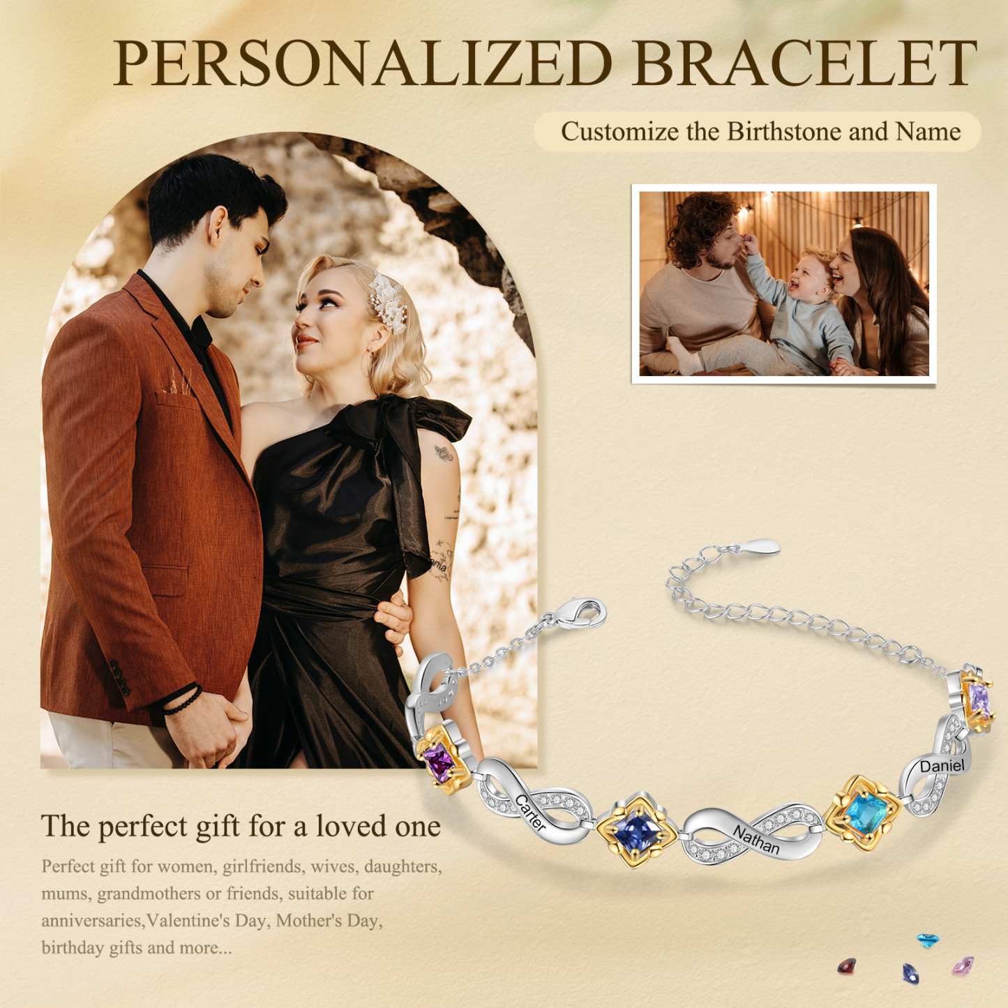 Personalised Birthstone Bracelet with Custom 4 Names & 4 Birthstones Christmas Jewelry Gift for Her | Jessemade