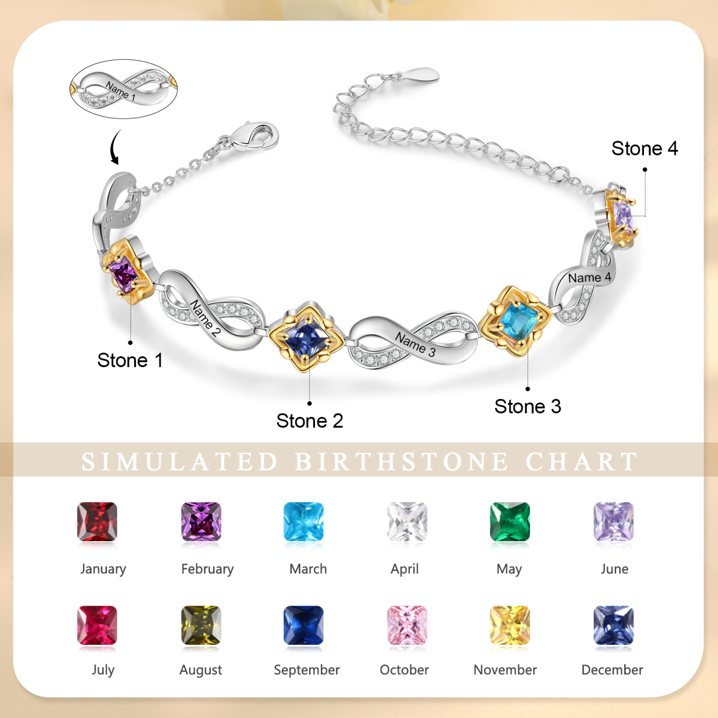 Personalised Birthstone Bracelet with Custom 4 Names & 4 Birthstones Christmas Jewelry Gift for Her | Jessemade
