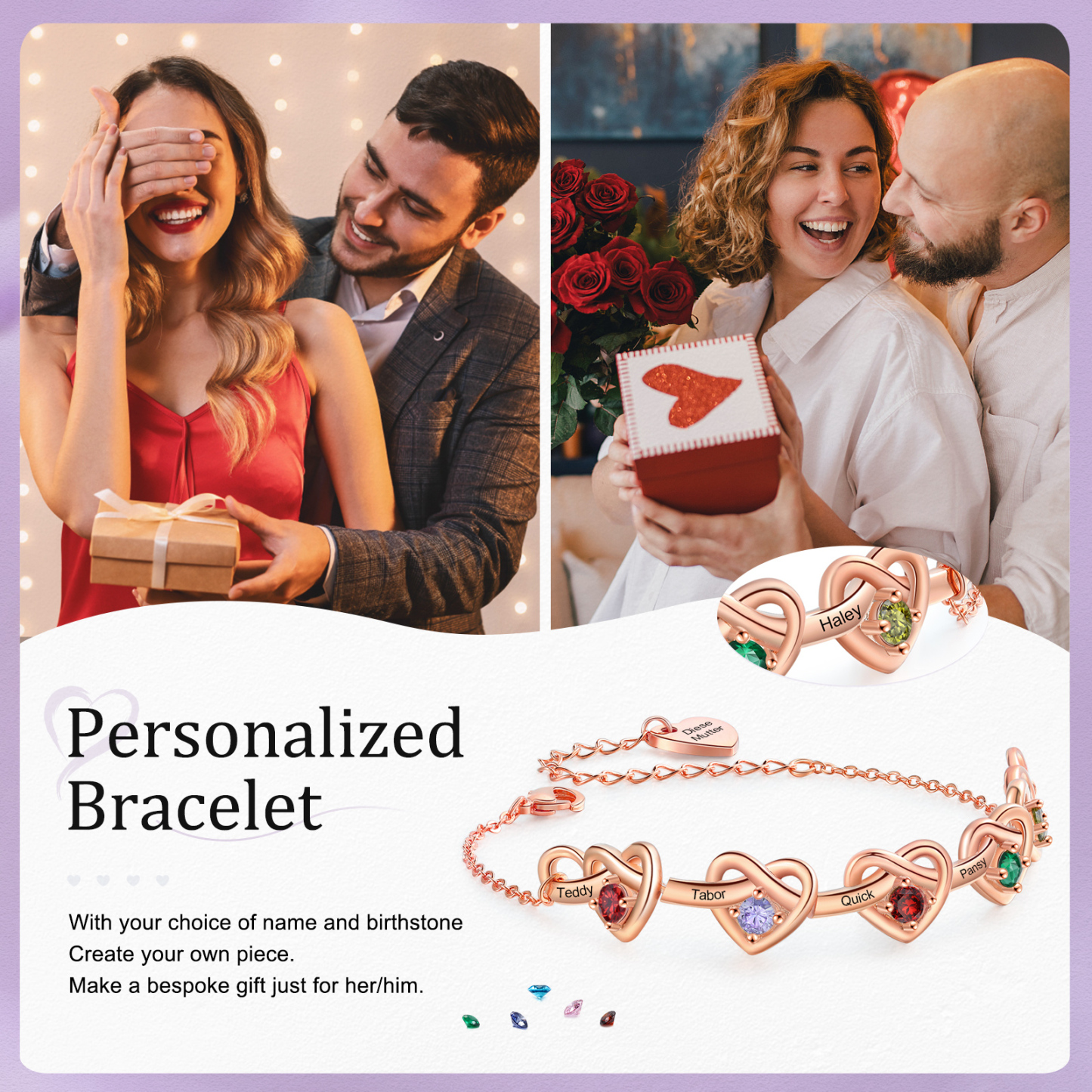 Personalised Women’s Birthstone Bracelet – Customised with 5 Names, 5 Birthstones & Engraved Text, Heart & Infinity Design – Special Gift for Her | Jessemade