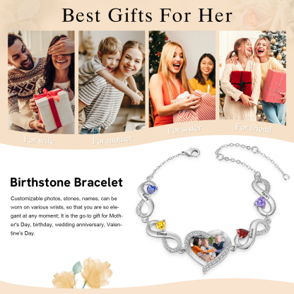 4 Birthstones & 4 Names & Photo - Personalized Birthstone Beautiful Bracelet Gift for Mom
