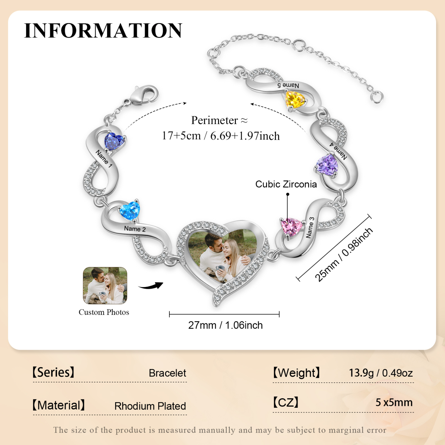 5 Birthstones & 5 Names & Photo - Personalized Birthstone Beautiful Bracelet Gift for Mom