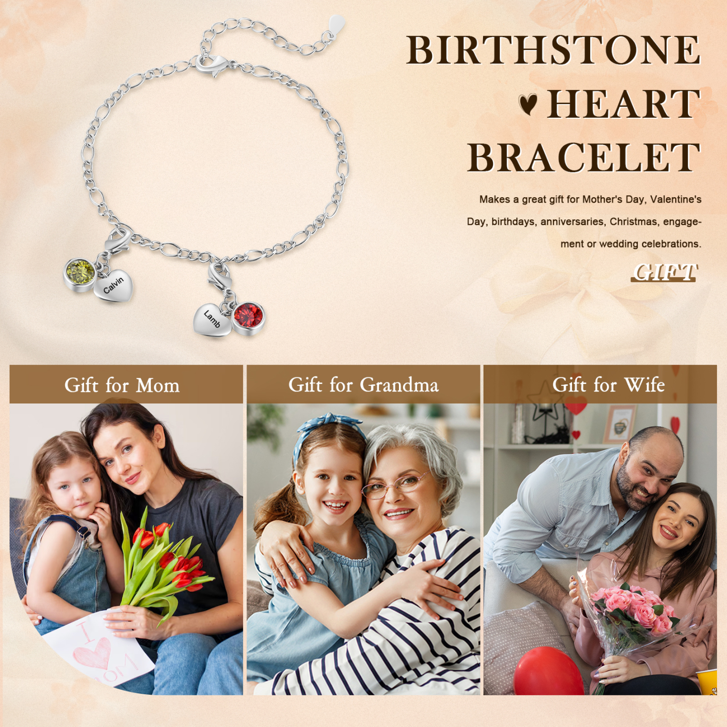 2 Birthstones & Names - Personalized Birthstone Beautiful Bracelet Gift for Her | Jessemade